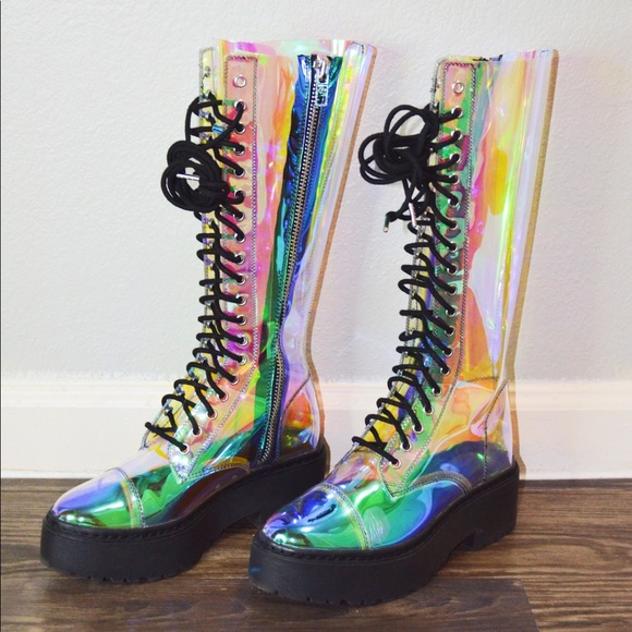 Dolls Kill Shoes - Cosmic Renegade Combat Boots | Clear Holographic
